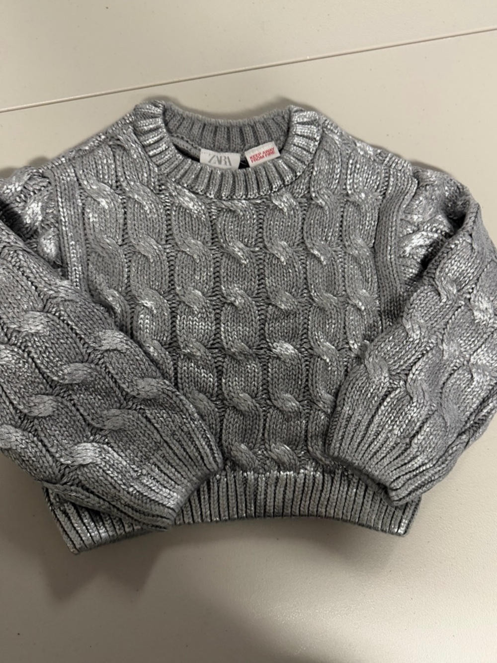 Zara Metallic Silver Cable-Knit Sweater